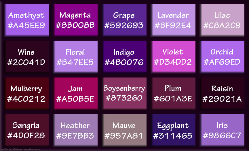 Shades of Purple & Hex Codes.