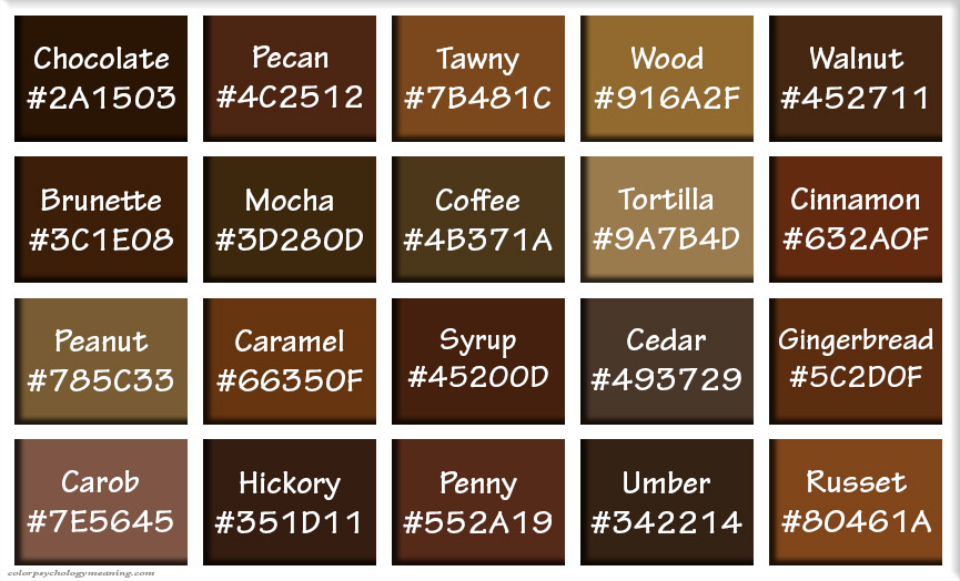 Shades of brown with names and hex codes.