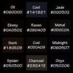 Shades of black with names and Hex codes.