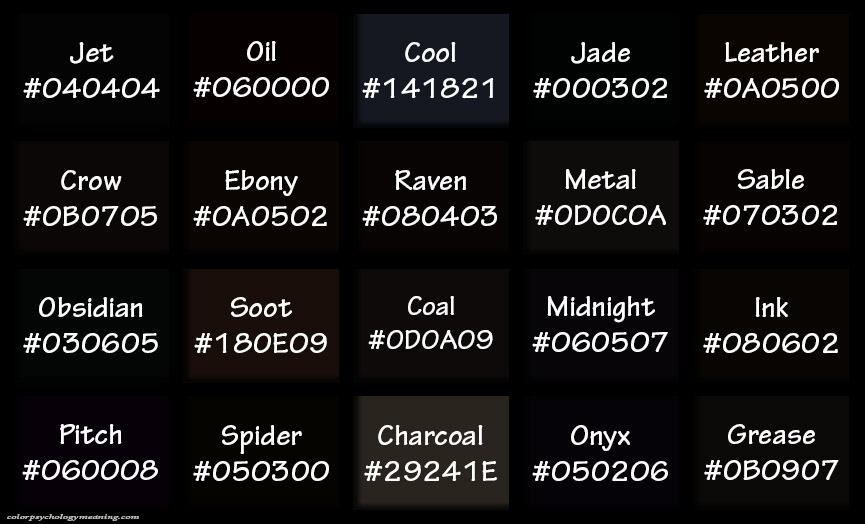Shades of black with names and Hex codes.