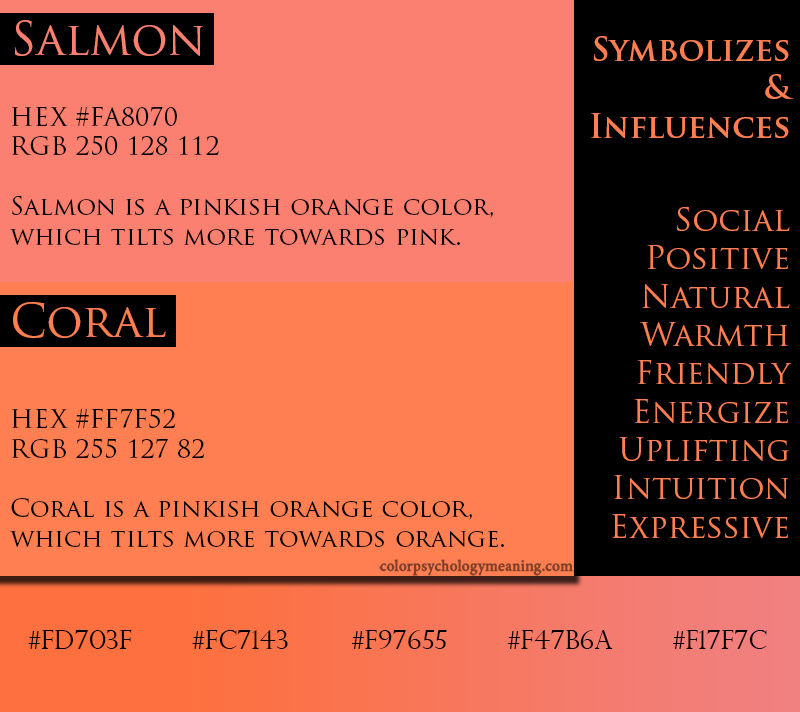 Salmon and coral color meaning, symbolism, and hex codes.