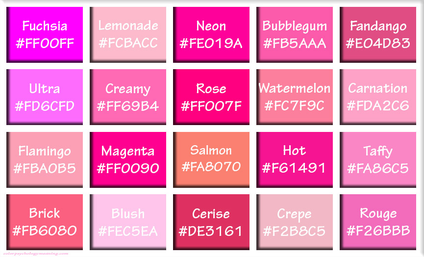 20 Shades of pink with hex codes.