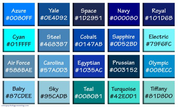 Shades of Blue & Names with HEX, RGB Color Codes